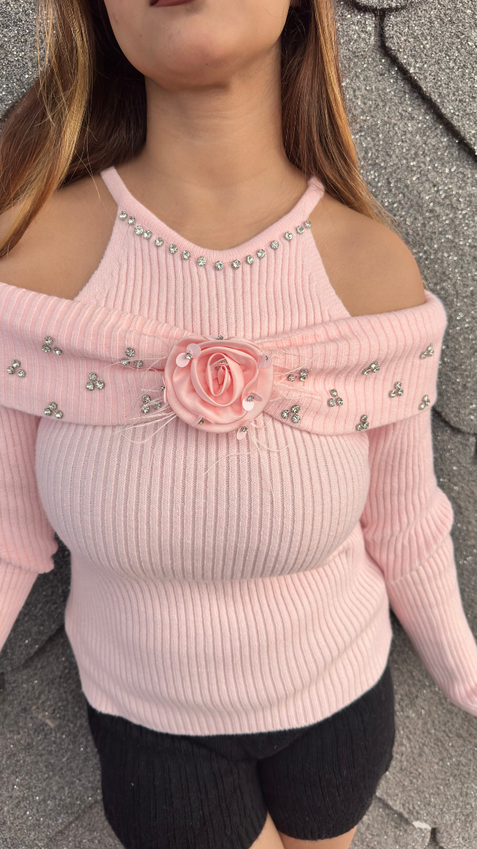 Off Shoulder With Crystal And Flower Embedded Neckline Top FC2039