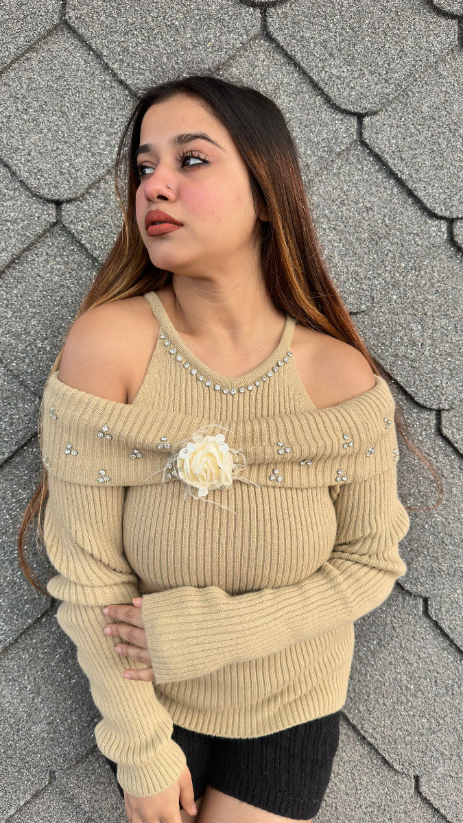 Off Shoulder With Crystal And Flower Embedded Neckline Top FC2039