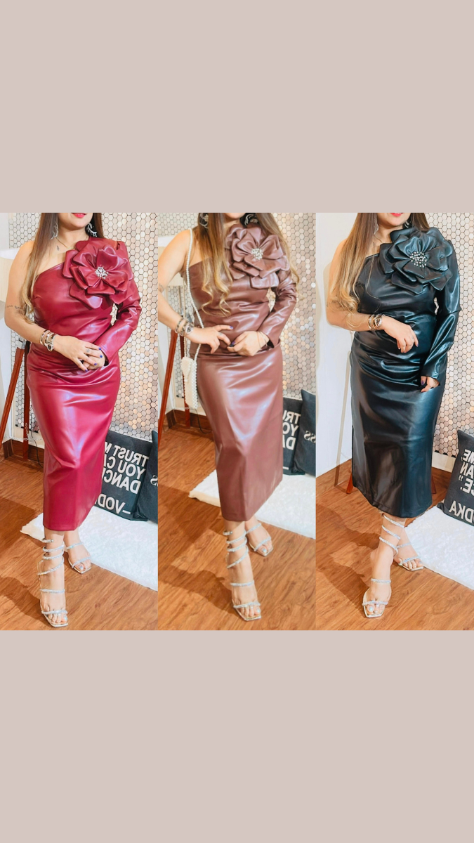 One Shoulder Flower Leather Dress FC1694