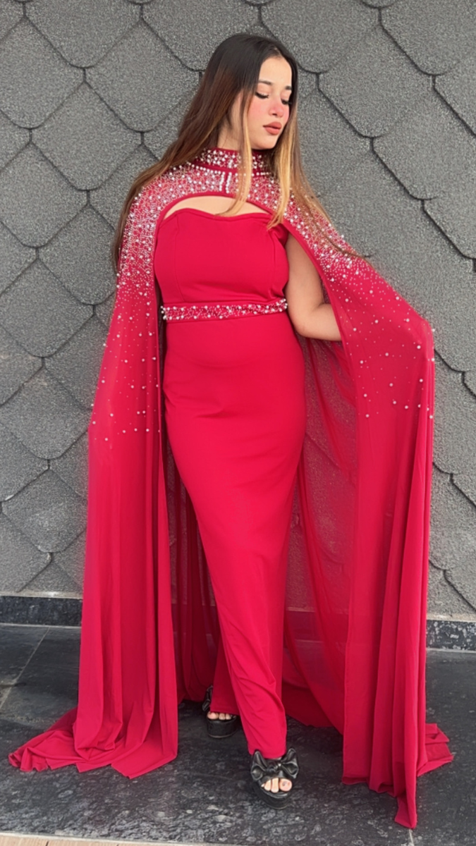 Party Wear Dress With Pearl Embedded Cape FC2128