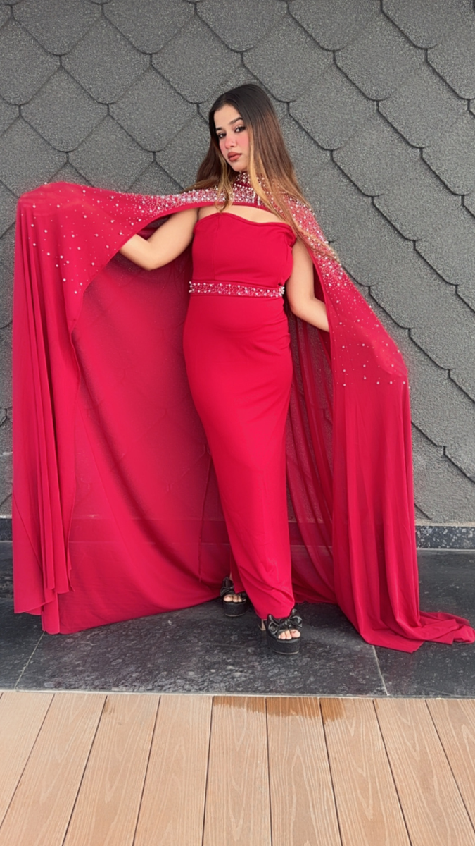 Party Wear Dress With Pearl Embedded Cape FC2128
