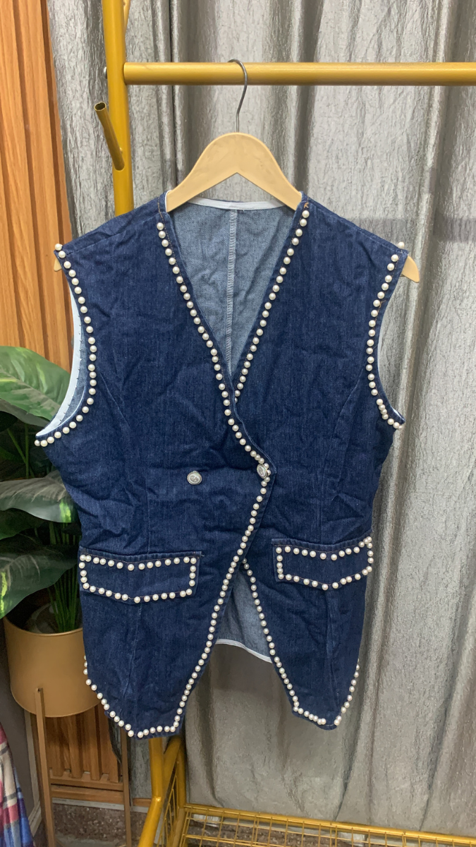 Pearl Borderline Half Sleeve Denim Vest FC2545