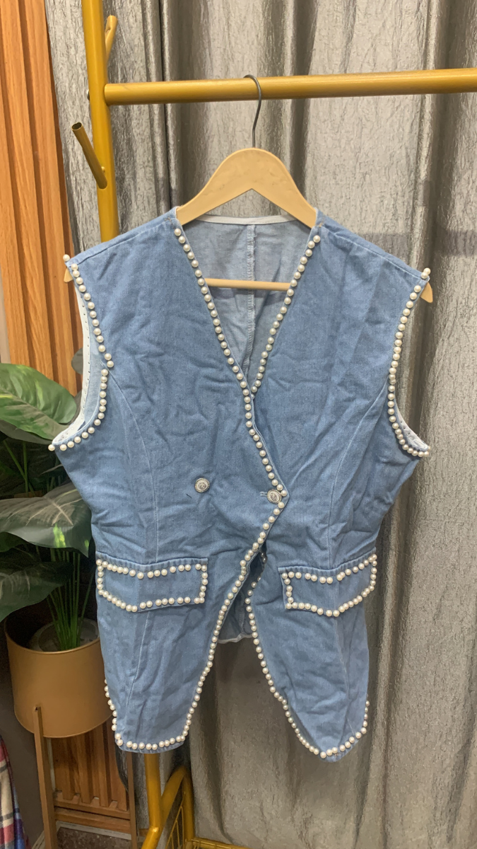 Pearl Borderline Half Sleeve Denim Vest FC2545