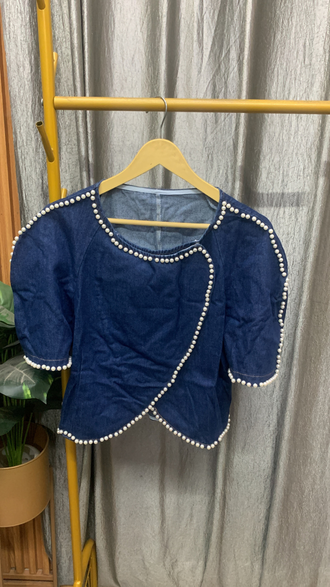 Pearl Embedded Borderline Wrap Denim Top FC2556