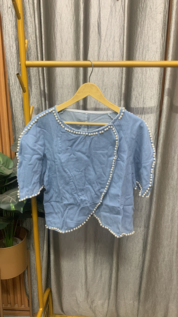 Pearl Embedded Borderline Wrap Denim Top FC2556