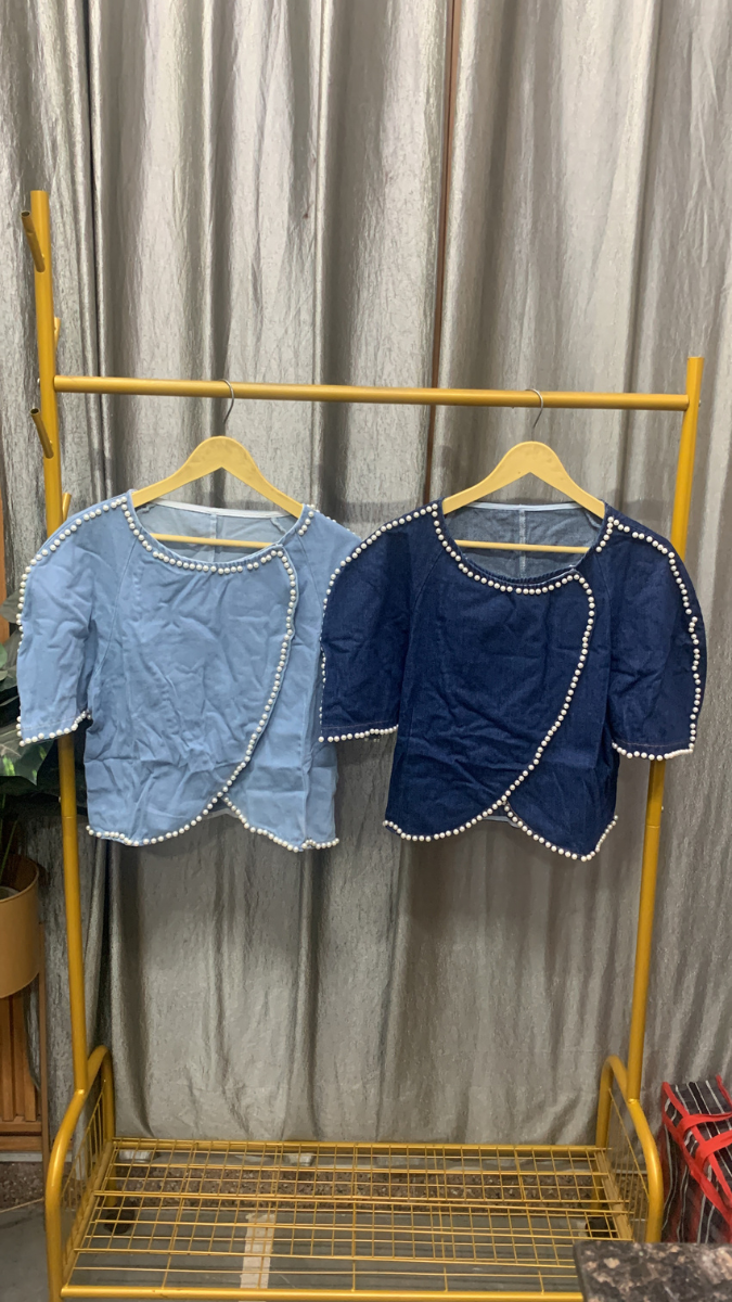 Pearl Embedded Borderline Wrap Denim Top FC2556