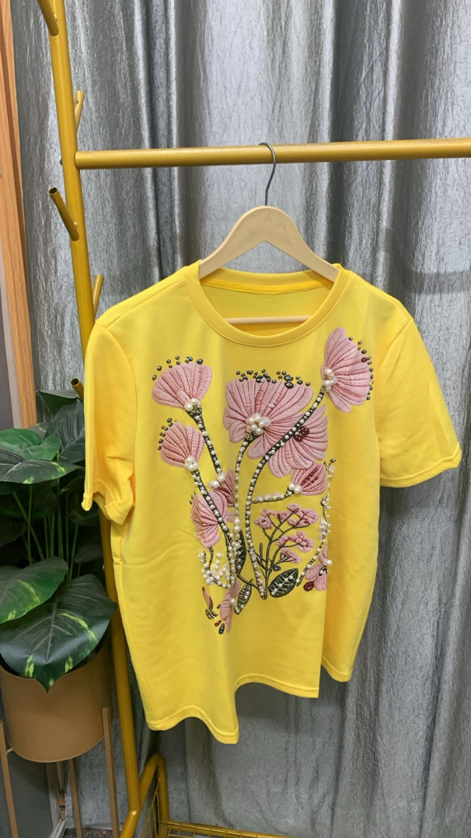 Pearl Embedded Flowers Round Neck Top FC2572
