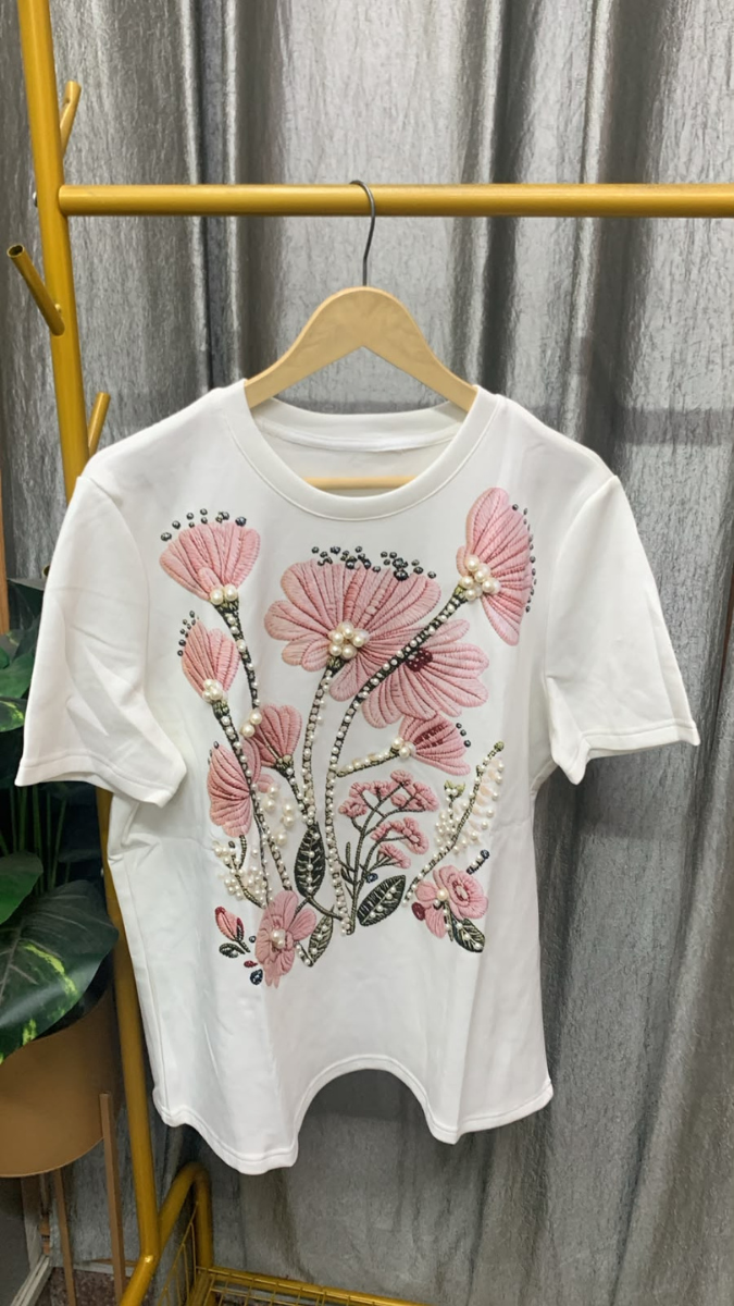 Pearl Embedded Flowers Round Neck Top FC2572
