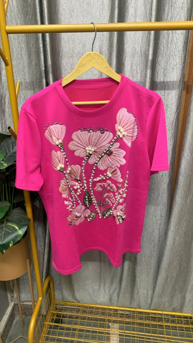 Pearl Embedded Flowers Round Neck Top FC2572