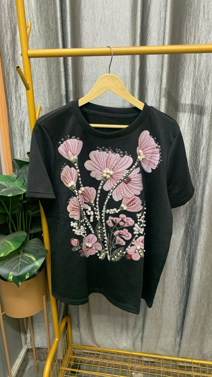 Pearl Embedded Flowers Round Neck Top FC2572