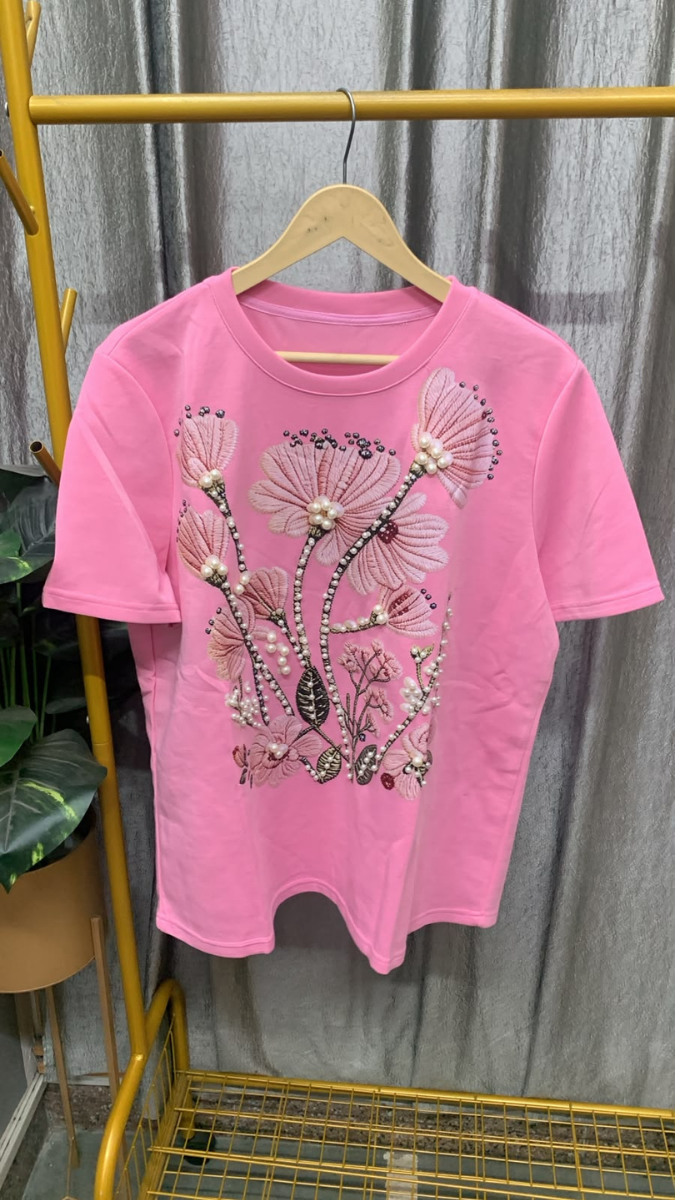 Pearl Embedded Flowers Round Neck Top FC2572