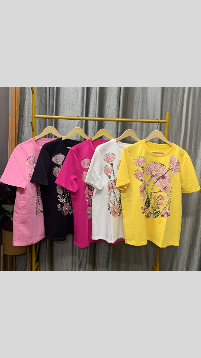 Pearl Embedded Flowers Round Neck Top FC2572