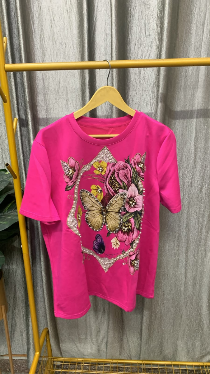 Pearl Embedded Flowers With Butterfly Round Neck Top FC2573