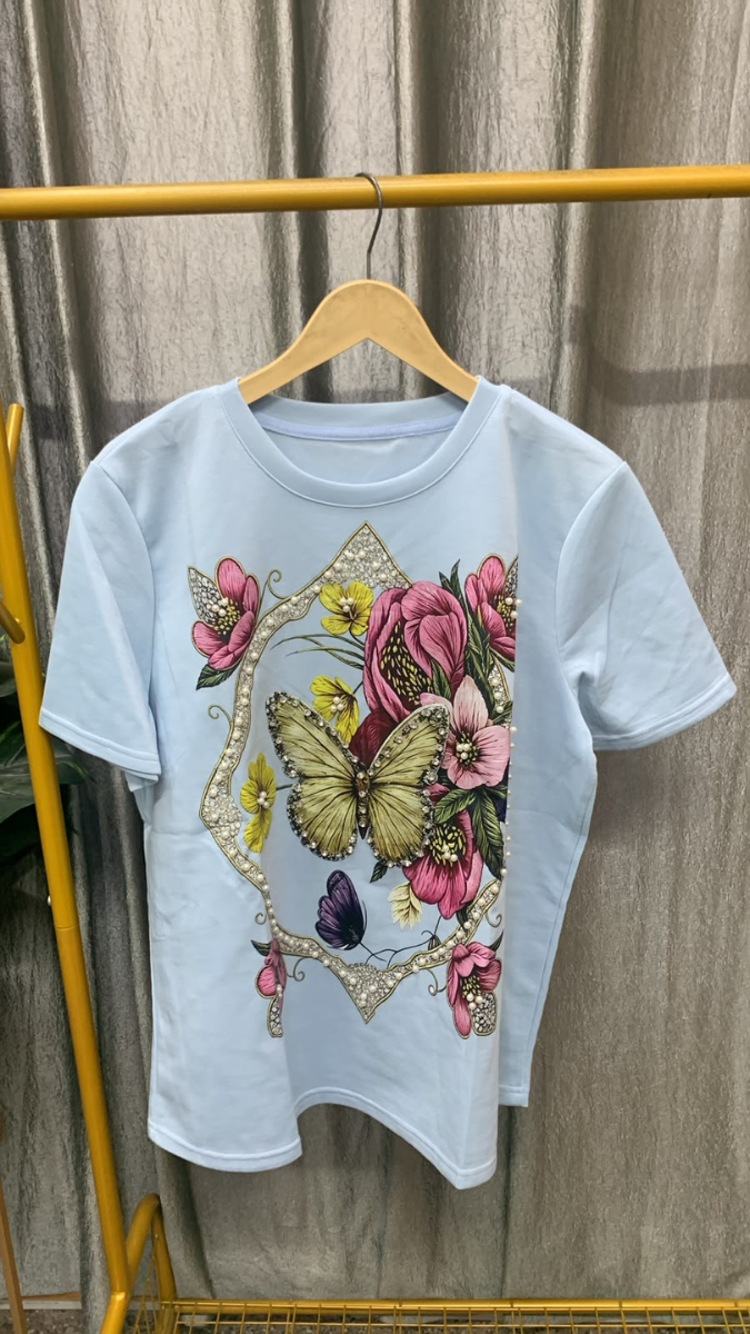 Pearl Embedded Flowers With Butterfly Round Neck Top FC2573