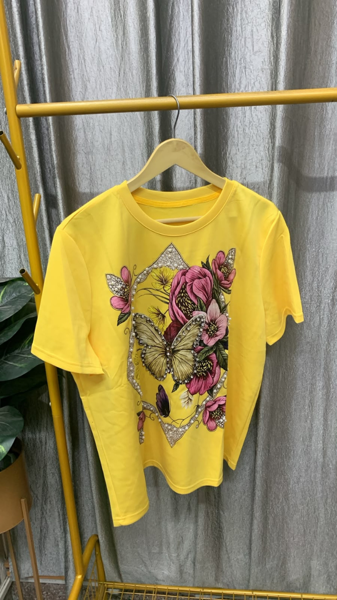 Pearl Embedded Flowers With Butterfly Round Neck Top FC2573