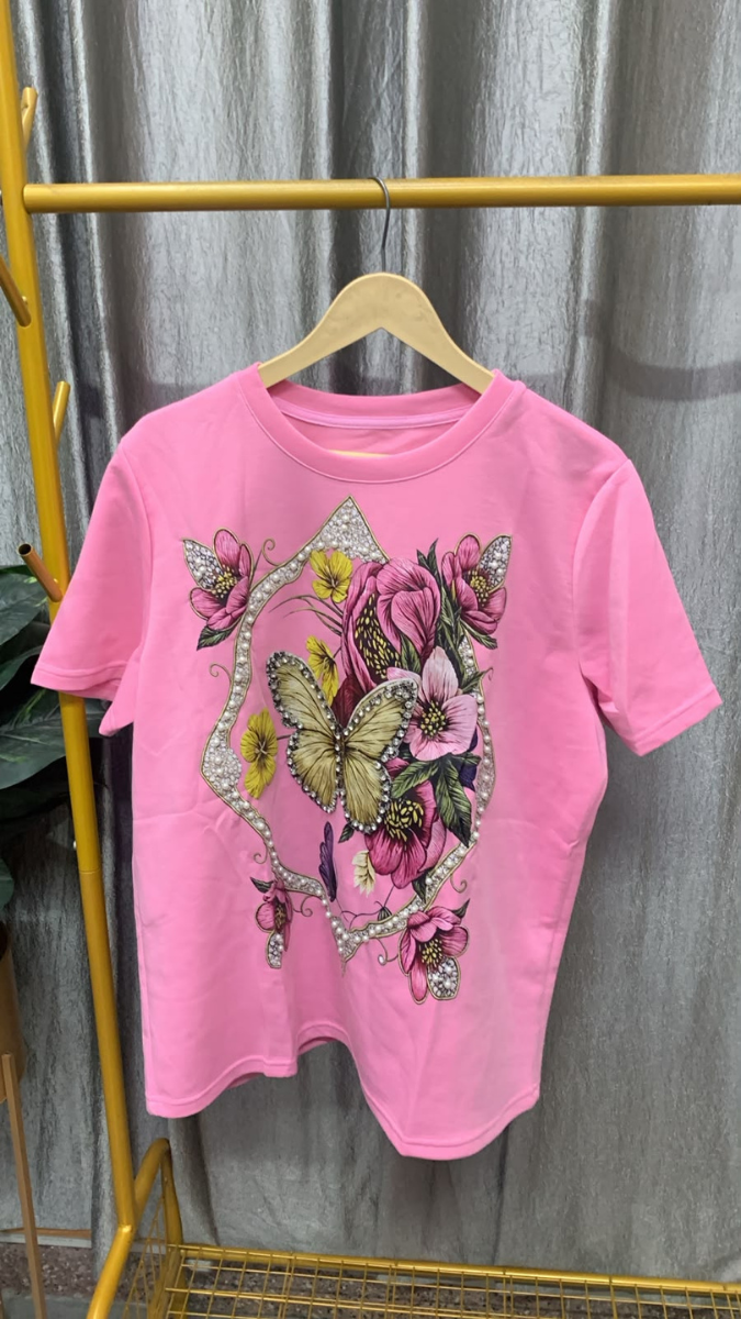 Pearl Embedded Flowers With Butterfly Round Neck Top FC2573