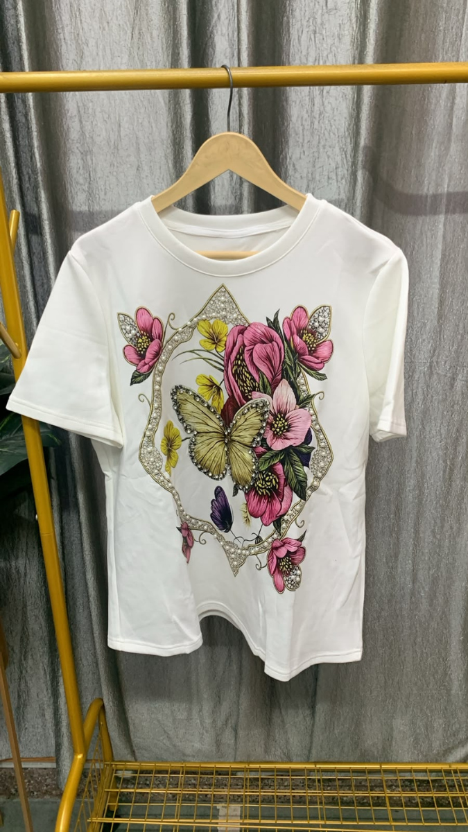 Pearl Embedded Flowers With Butterfly Round Neck Top FC2573