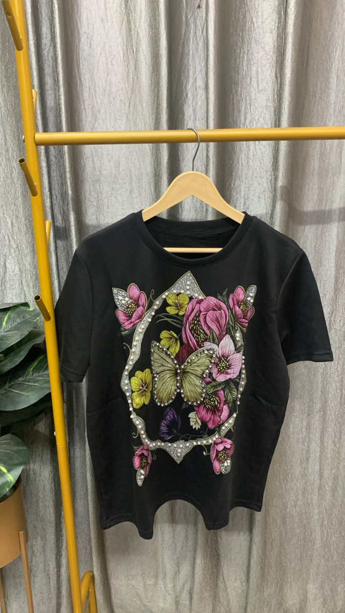 Pearl Embedded Flowers With Butterfly Round Neck Top FC2573