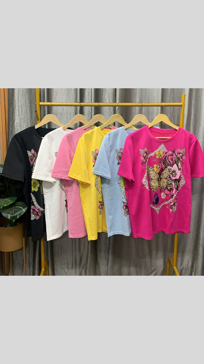 Pearl Embedded Flowers With Butterfly Round Neck Top FC2573