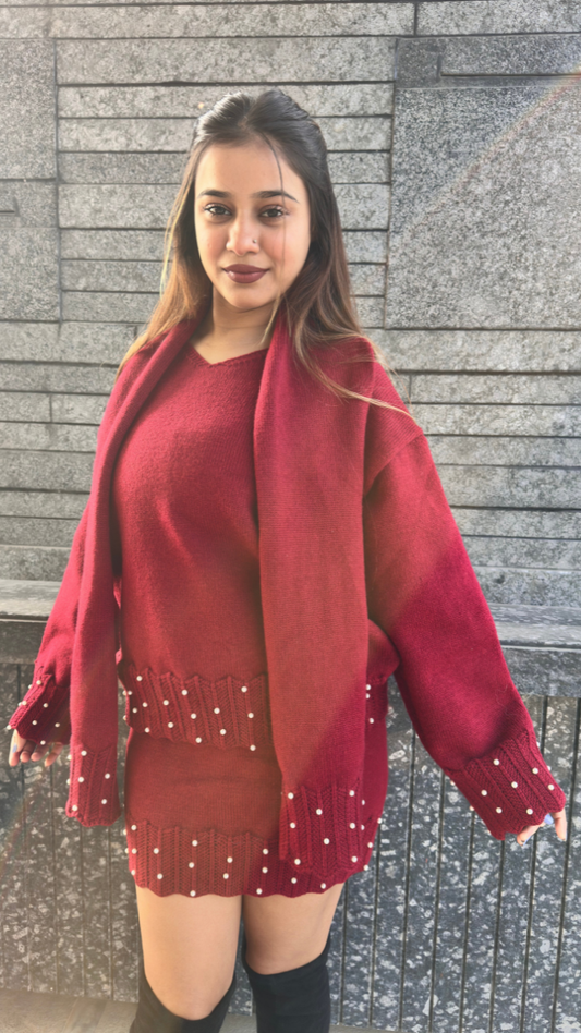 Pearl Embedded Top And Mini Skirt With Scarf FC2033