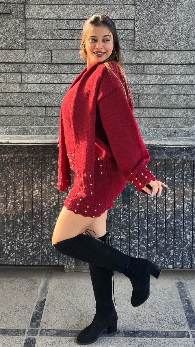 Pearl Embedded Top And Mini Skirt With Scarf FC2033