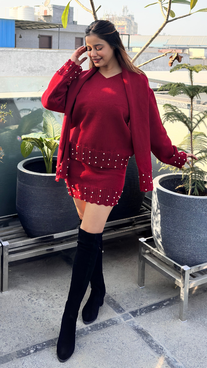 Pearl Embedded Top And Mini Skirt With Scarf FC2033