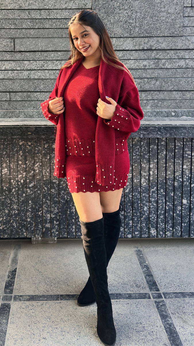 Pearl Embedded Top And Mini Skirt With Scarf FC2033