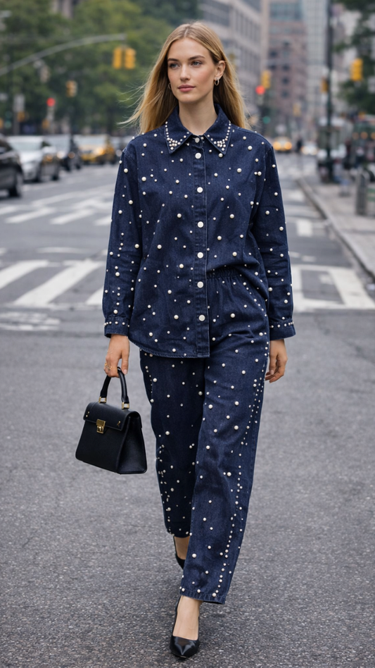 Pearl Embedded Shirt And Pant Coord Set FC2291