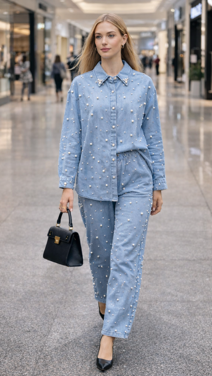 Pearl Embedded Shirt And Pant Coord Set FC2291