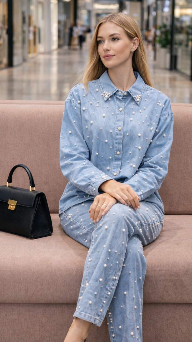 Pearl Embedded Shirt And Pant Coord Set FC2291