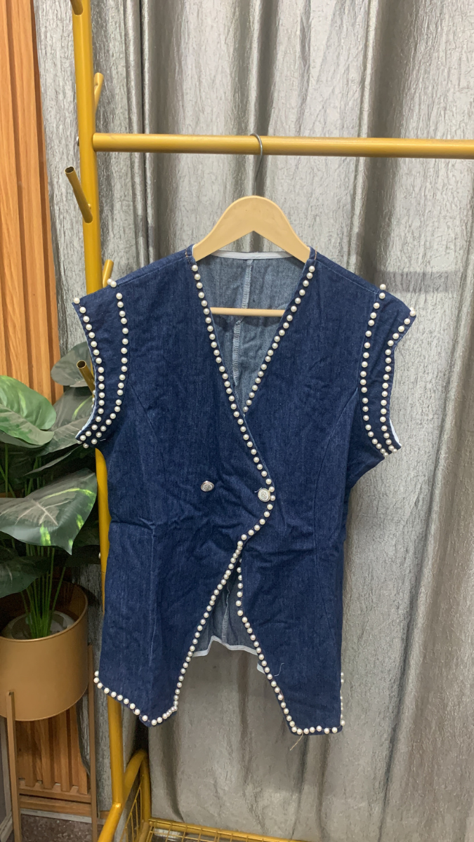 Pearl Embedded Sleeveless Long Denim Top FC2558