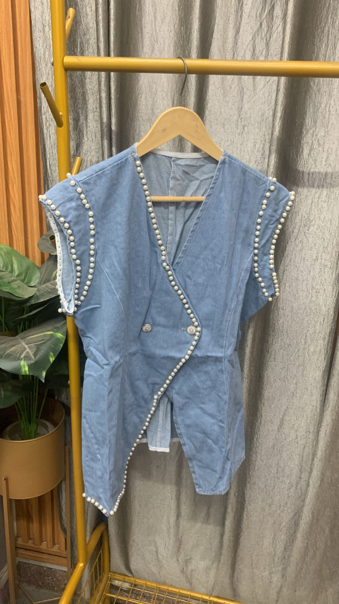 Pearl Embedded Sleeveless Long Denim Top FC2558