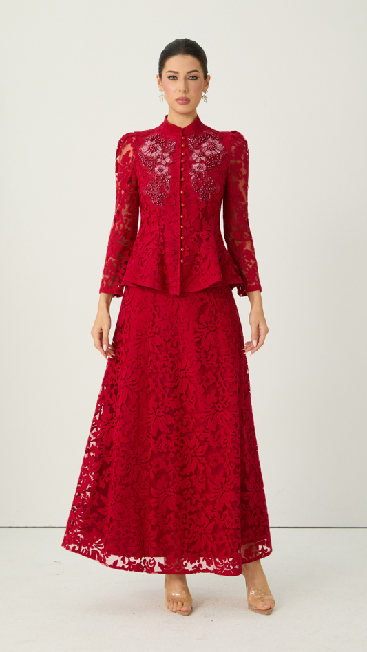 Pearl Embroidery Long Peplum Top With Skirt FC2411