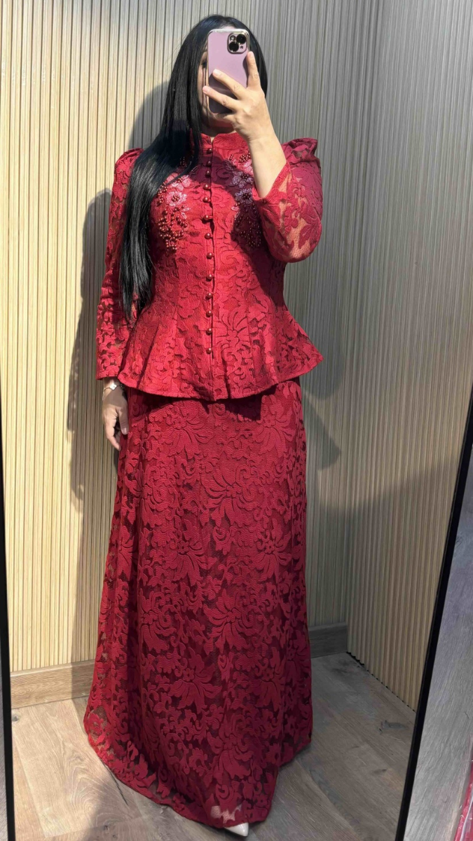 Pearl Embroidery Long Peplum Top With Skirt FC2411