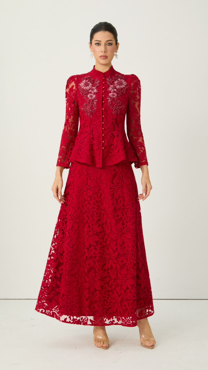 Pearl Embroidery Long Peplum Top With Skirt FC2411