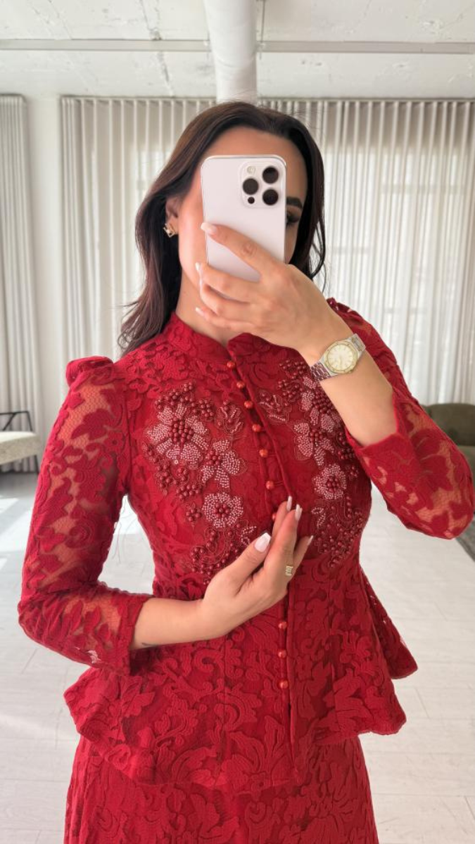 Pearl Embroidery Long Peplum Top With Skirt FC2411