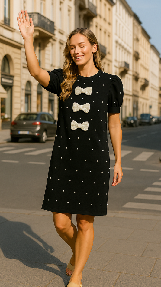 Pearl Design Bow Embedded Mini Dress FC1935