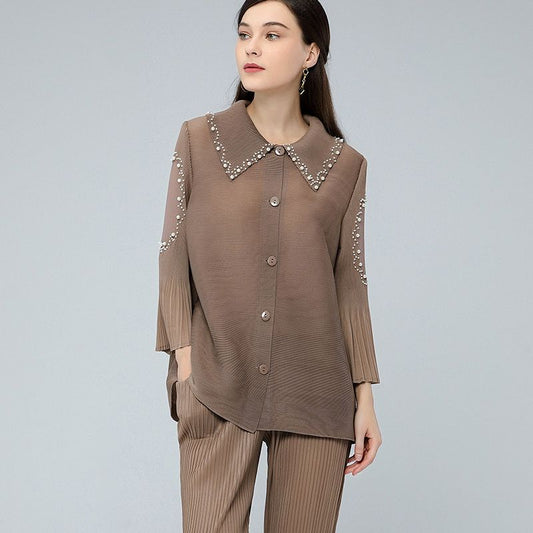  Pearls Beading Long Flare Sleeve Pleated