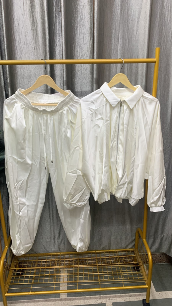 Plain Balloon Sleeve Shirt And Pant Satin Coord Set FC2570