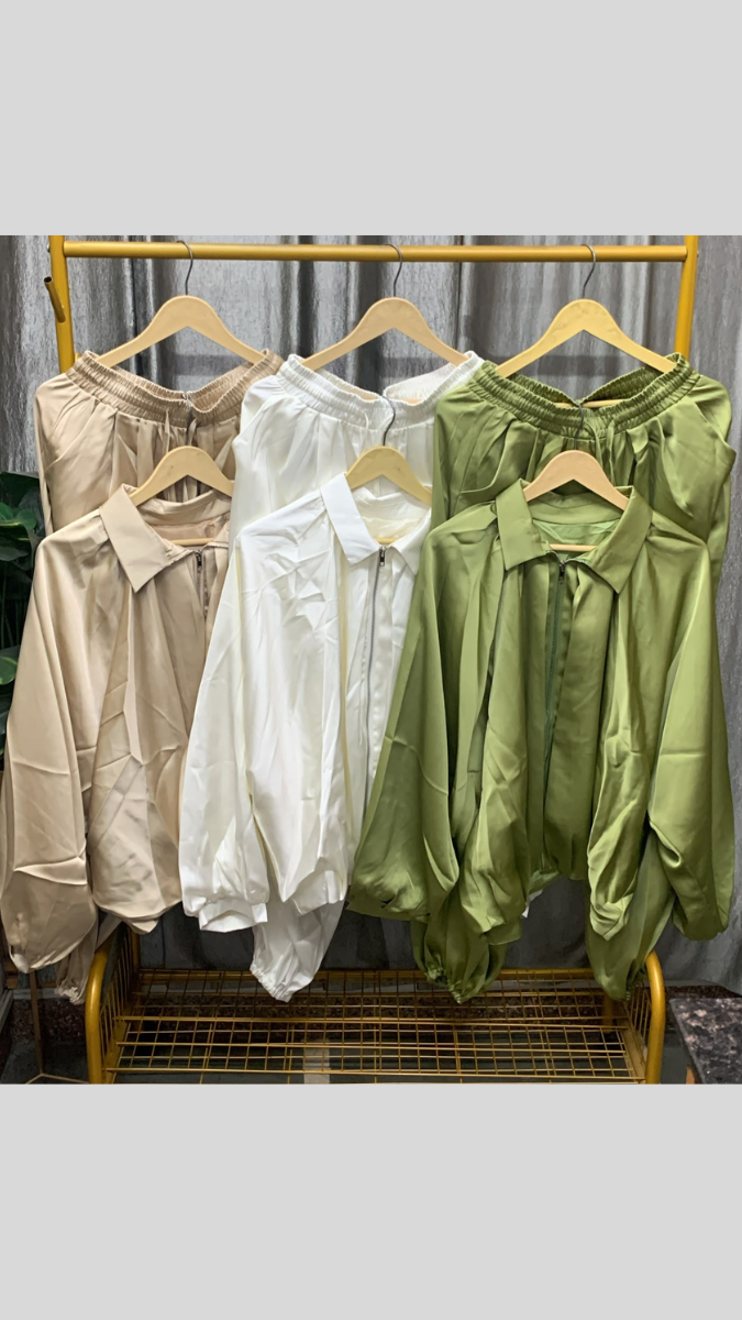 Plain Balloon Sleeve Shirt And Pant Satin Coord Set FC2570