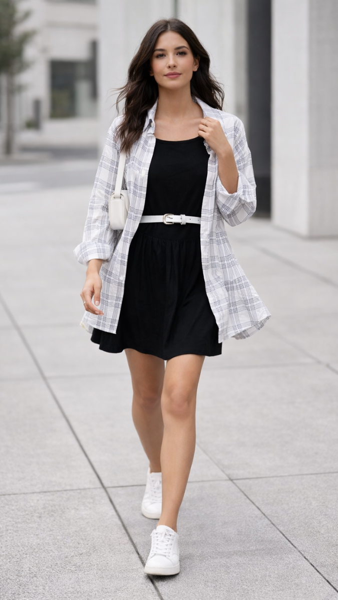 Plain Round Neck Dress With Checked Long Shirt FC2271