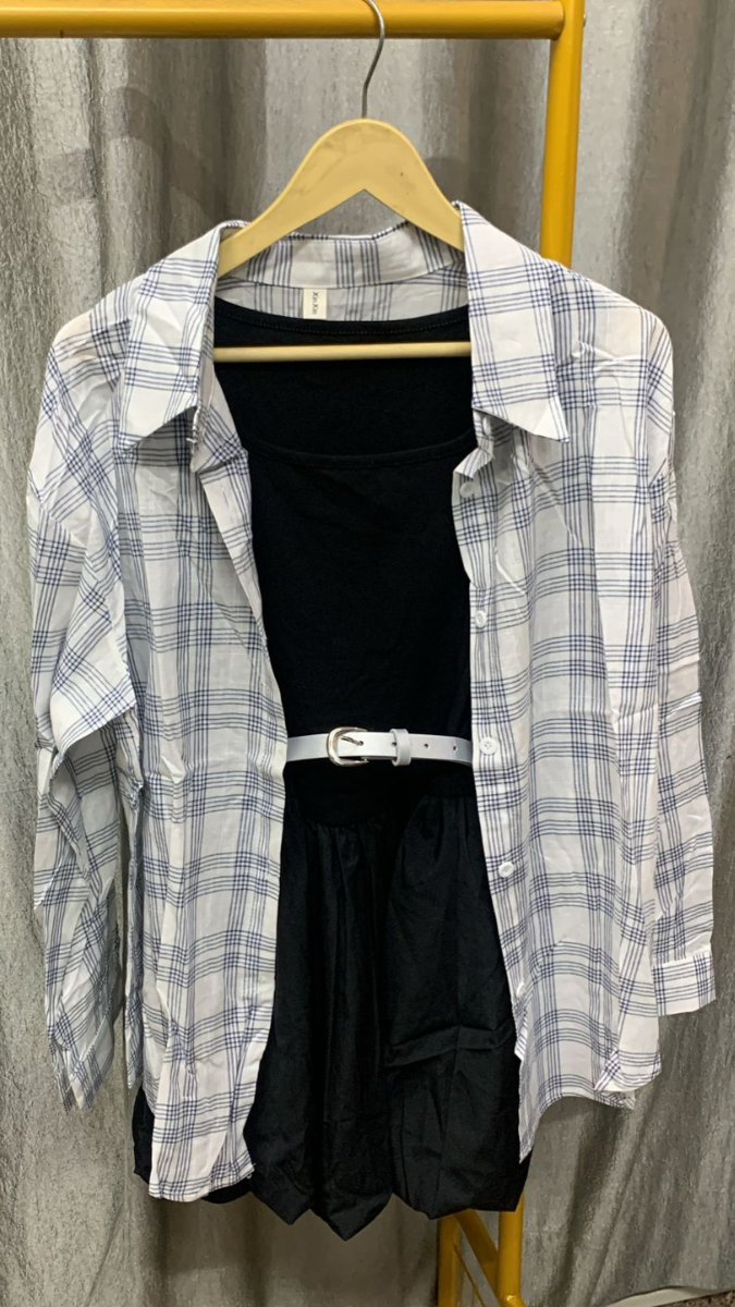 Plain Round Neck Dress With Checked Long Shirt FC2271