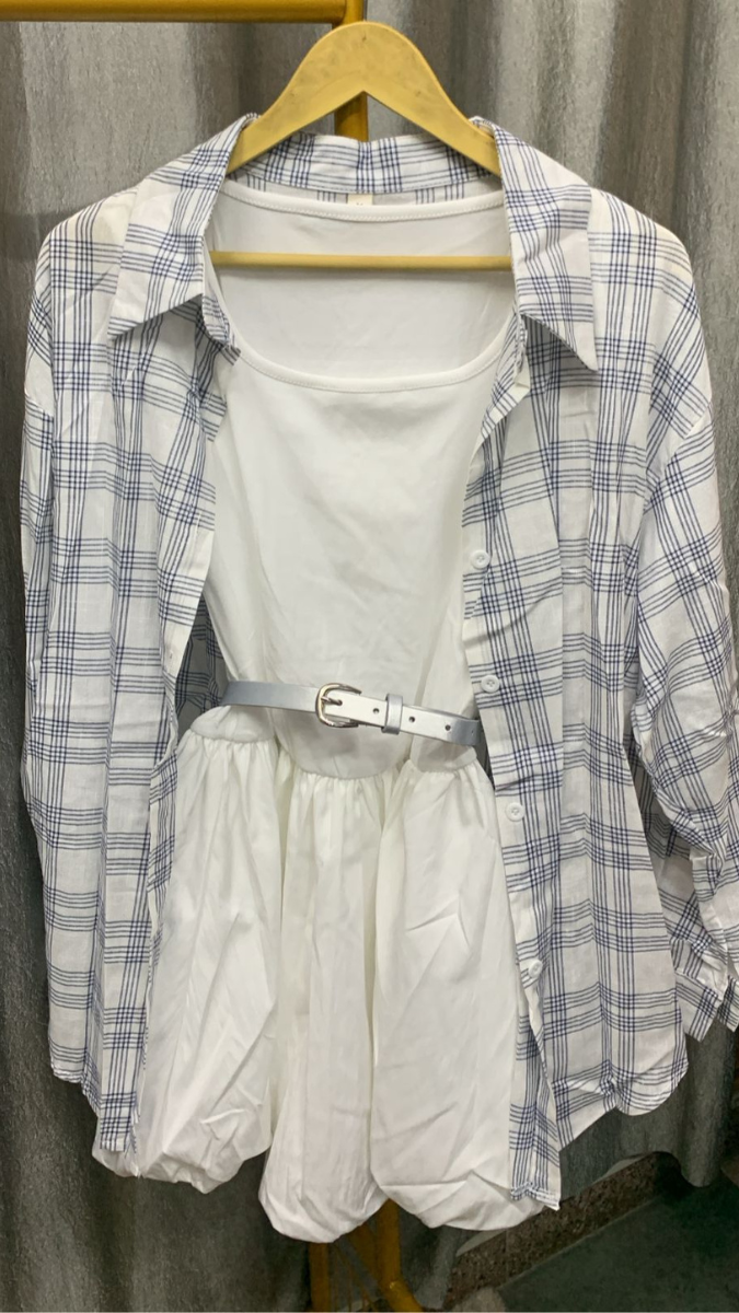 Plain Round Neck Dress With Checked Long Shirt FC2271