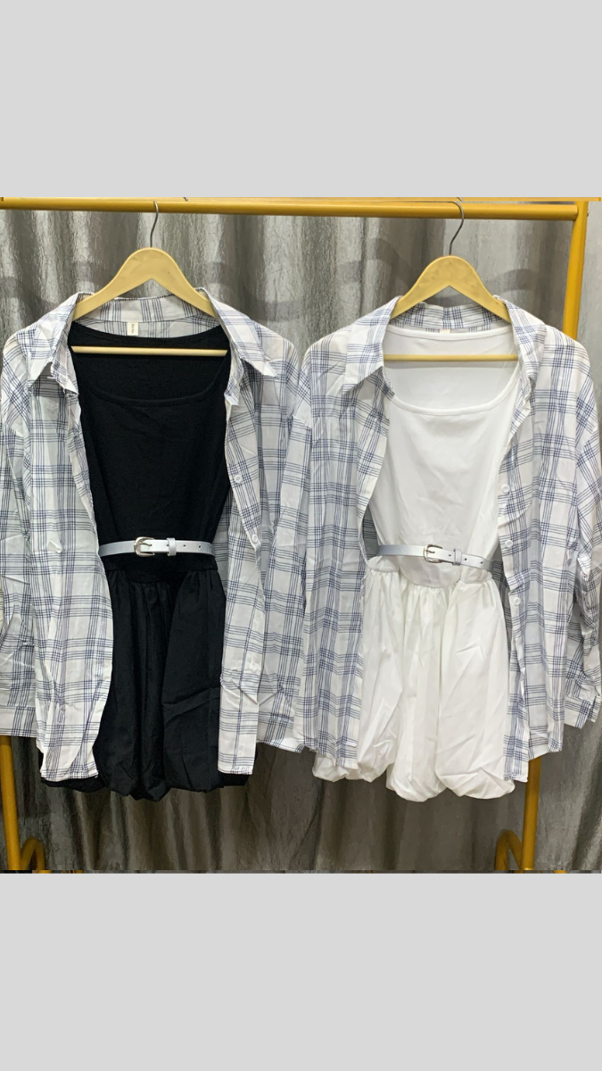 Plain Round Neck Dress With Checked Long Shirt FC2271