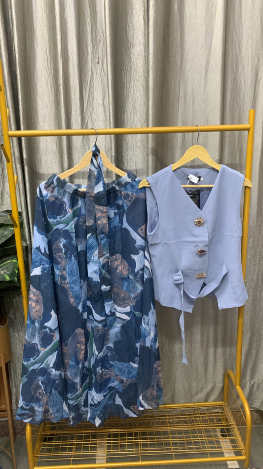 Plain Vest Coat With Printed Skirt Coord Set FC2543