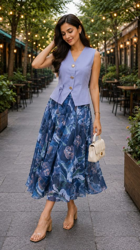 Plain Vest Coat With Printed Skirt Coord Set FC2543