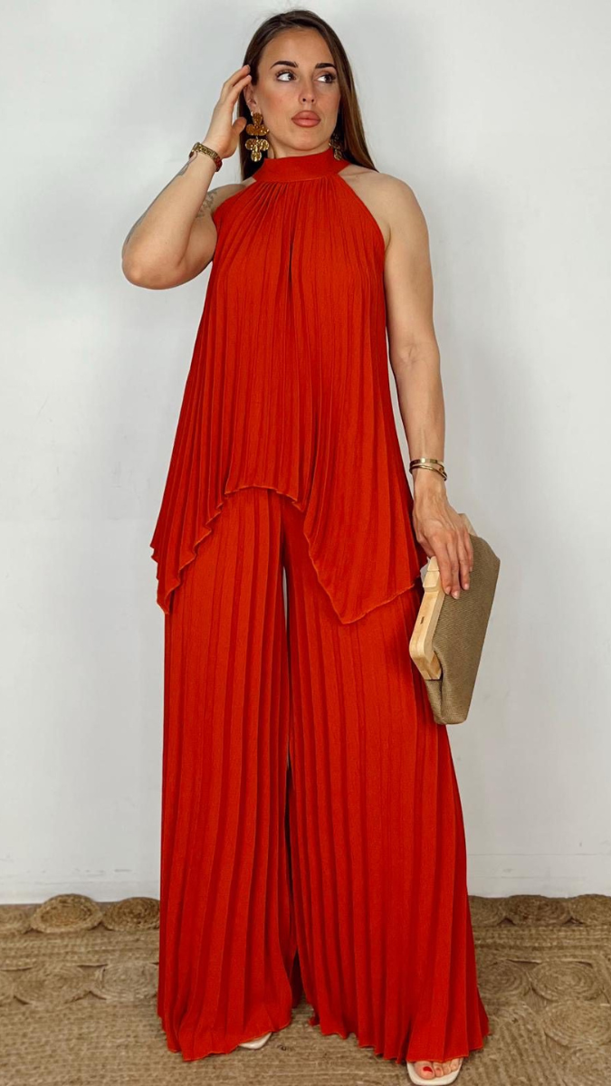 Pleaded Halter Neck Top With Loose Bottom Coord Set FC2480