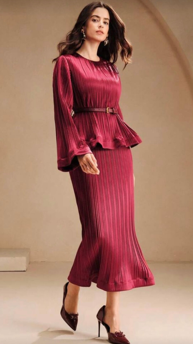 Pleaded Long Top With A-Line Skirt Set FC2404