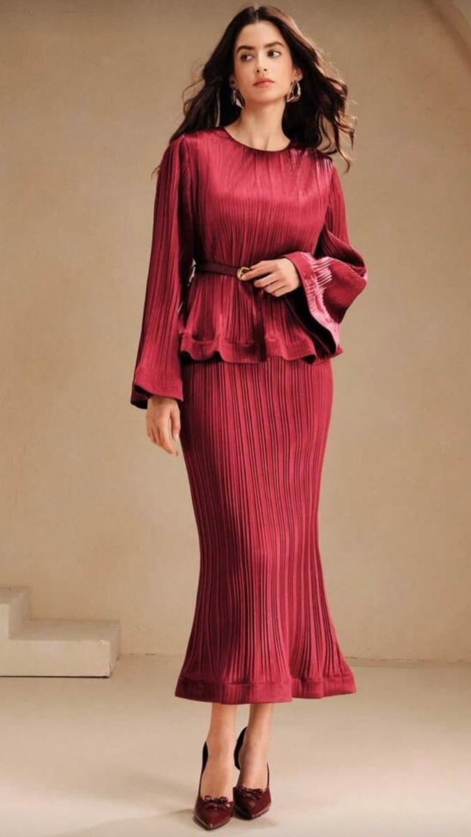Pleaded Long Top With A-Line Skirt Set FC2404