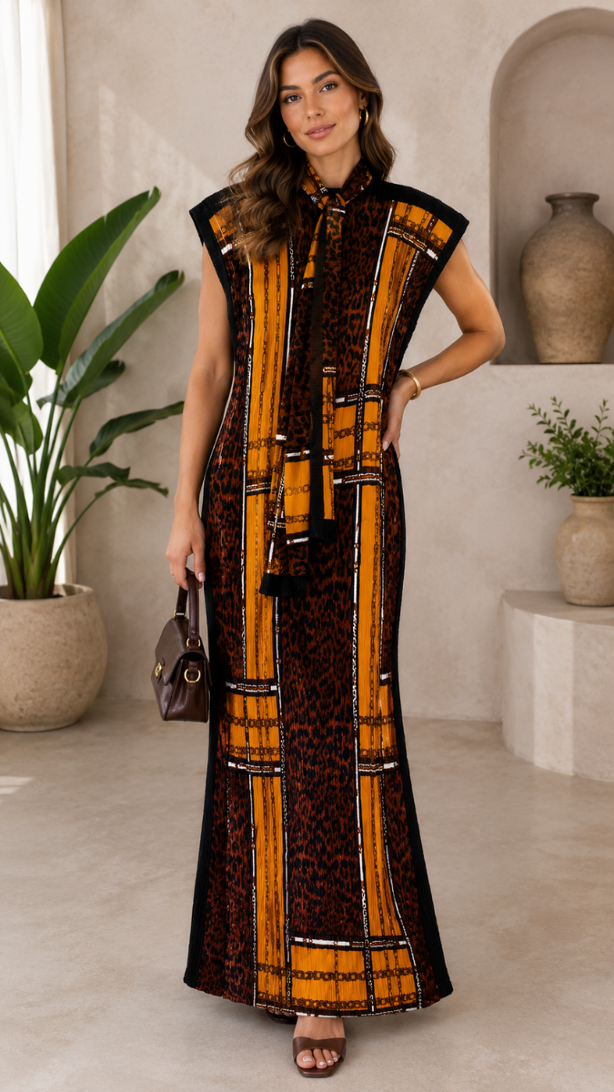 Pleaded Kaftan Dress With Scarf FC2535
